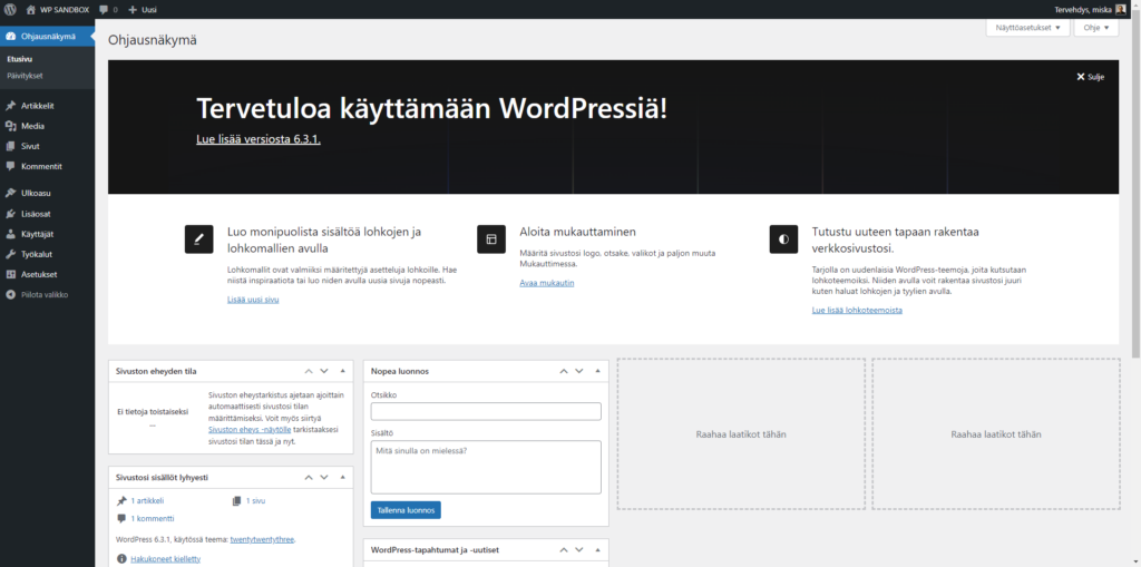 WordPress Ohjausnäkymä