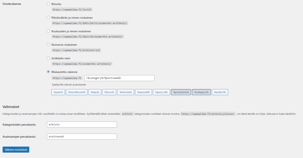 WordPress osoiterakenne